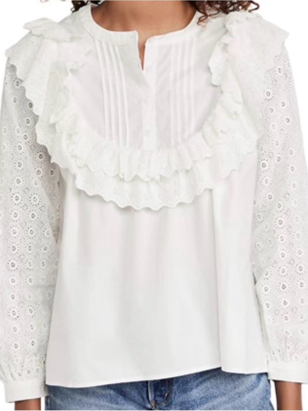 Meadows Poppy Blouse - White Ruffled Eyelet Long-Sleeve Women's Top
